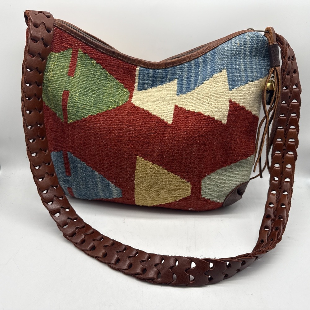Vtg Marco Avane Crossbody Bag Persian Kilim‎ Rug Fabric Leather Trim 90s Boho